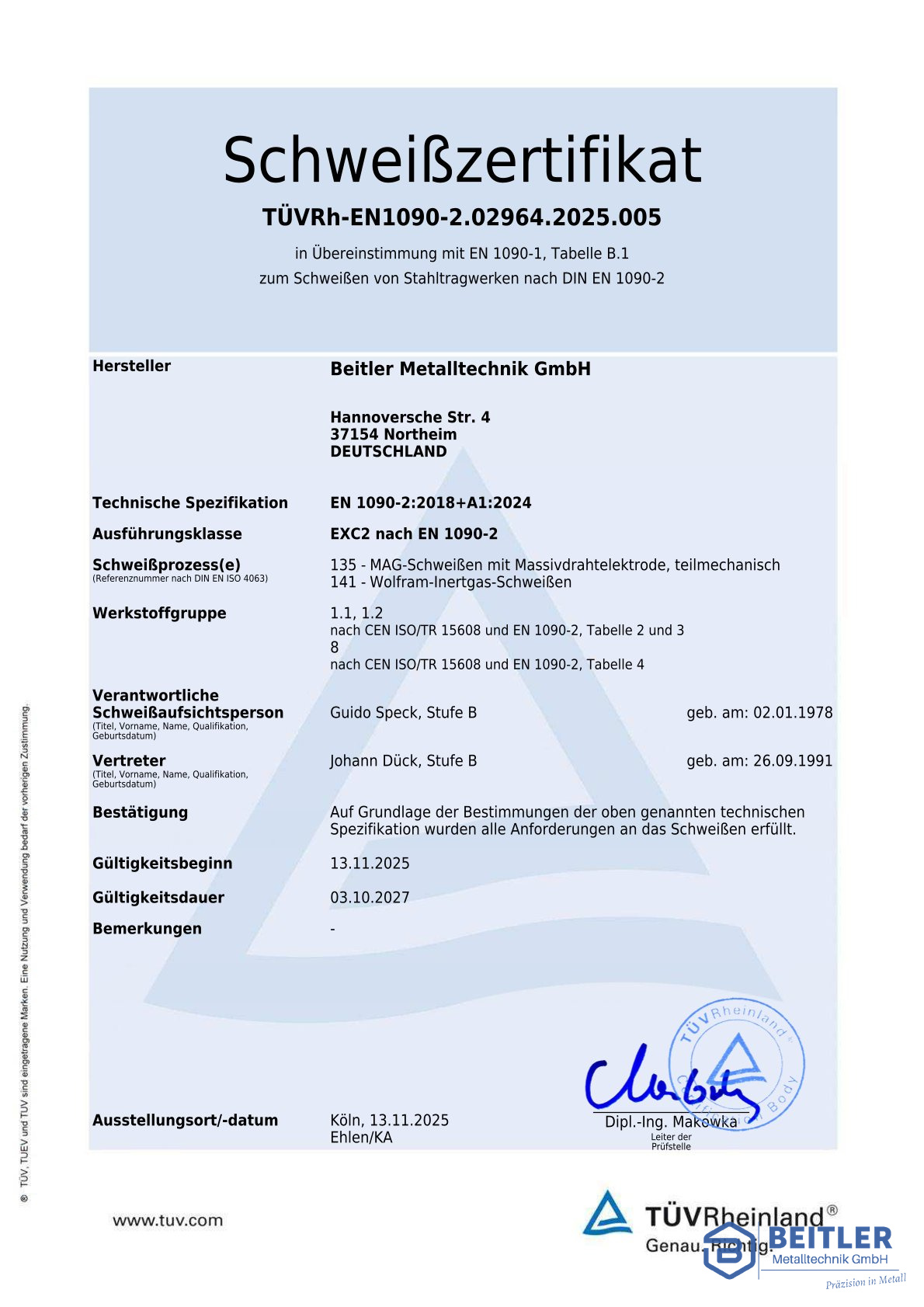Zertifikate beitler wasserzeichen schweisszertifikat blau